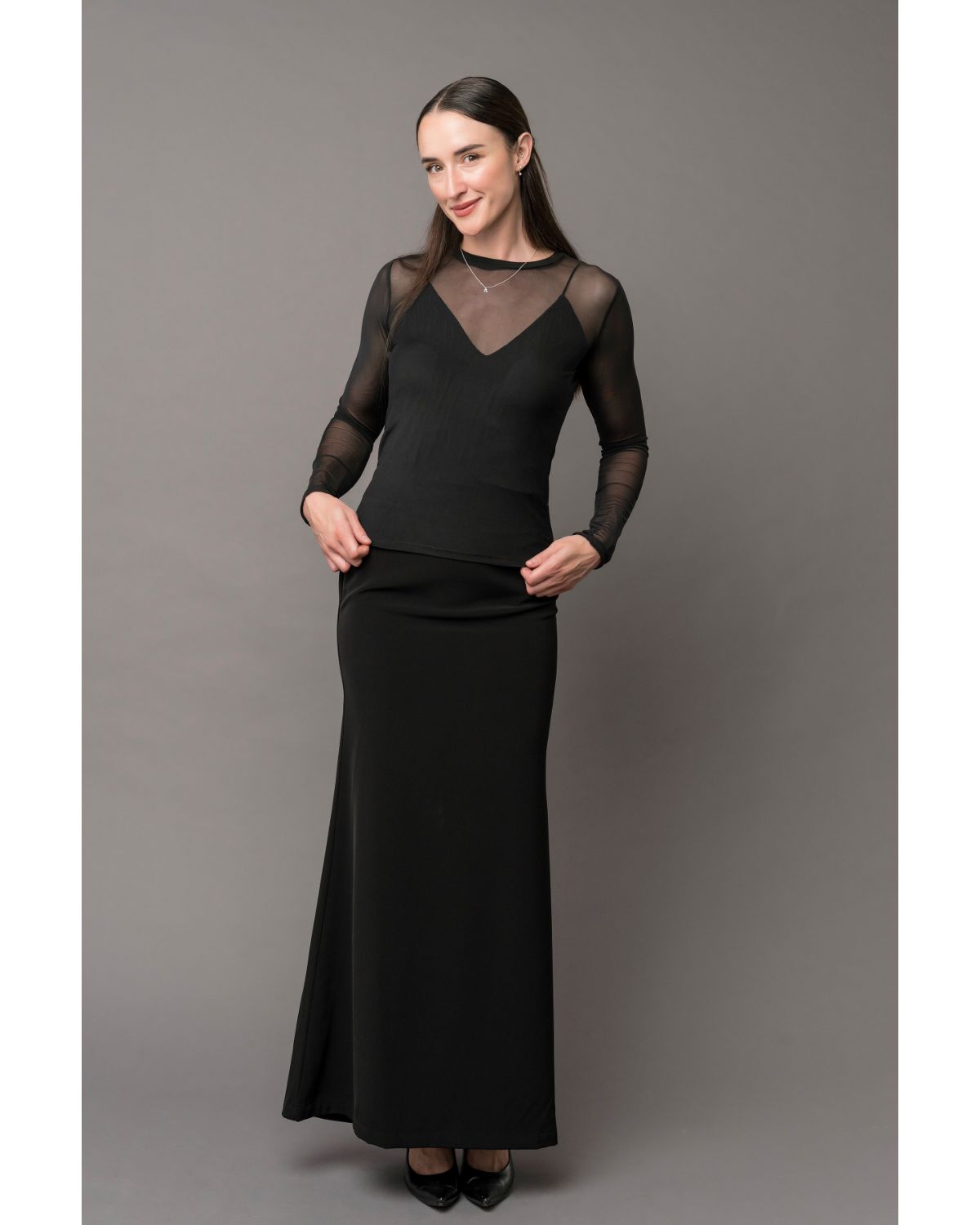 long sleeve black dress with sheer sleeves