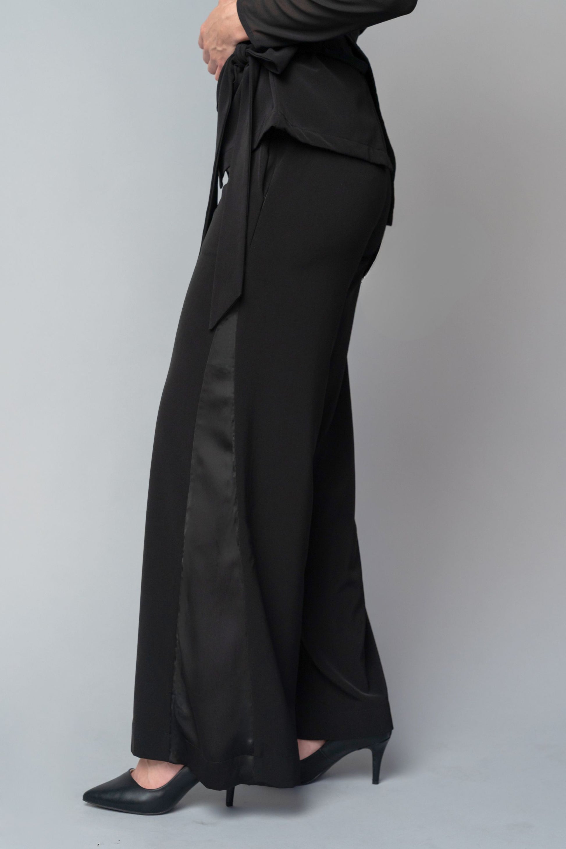 formal black tuxedo style pants for women with a wide leg