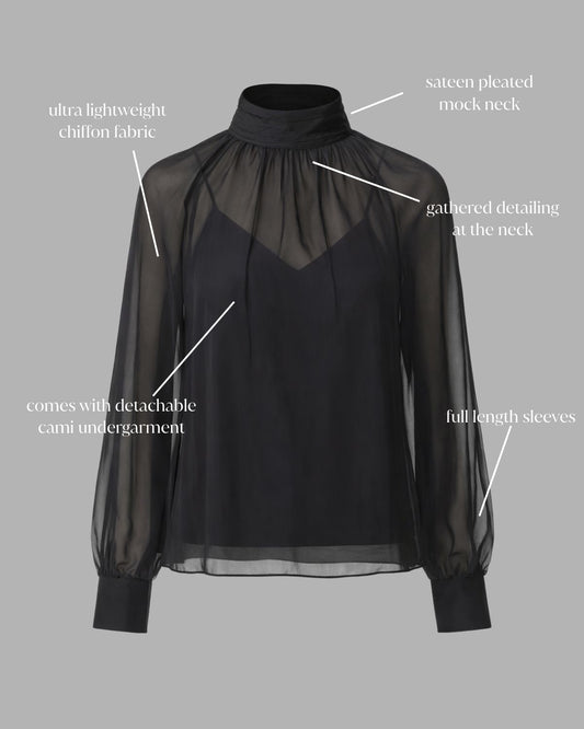 Chiffon Mock Neck Blouse with Blouson Sleeves