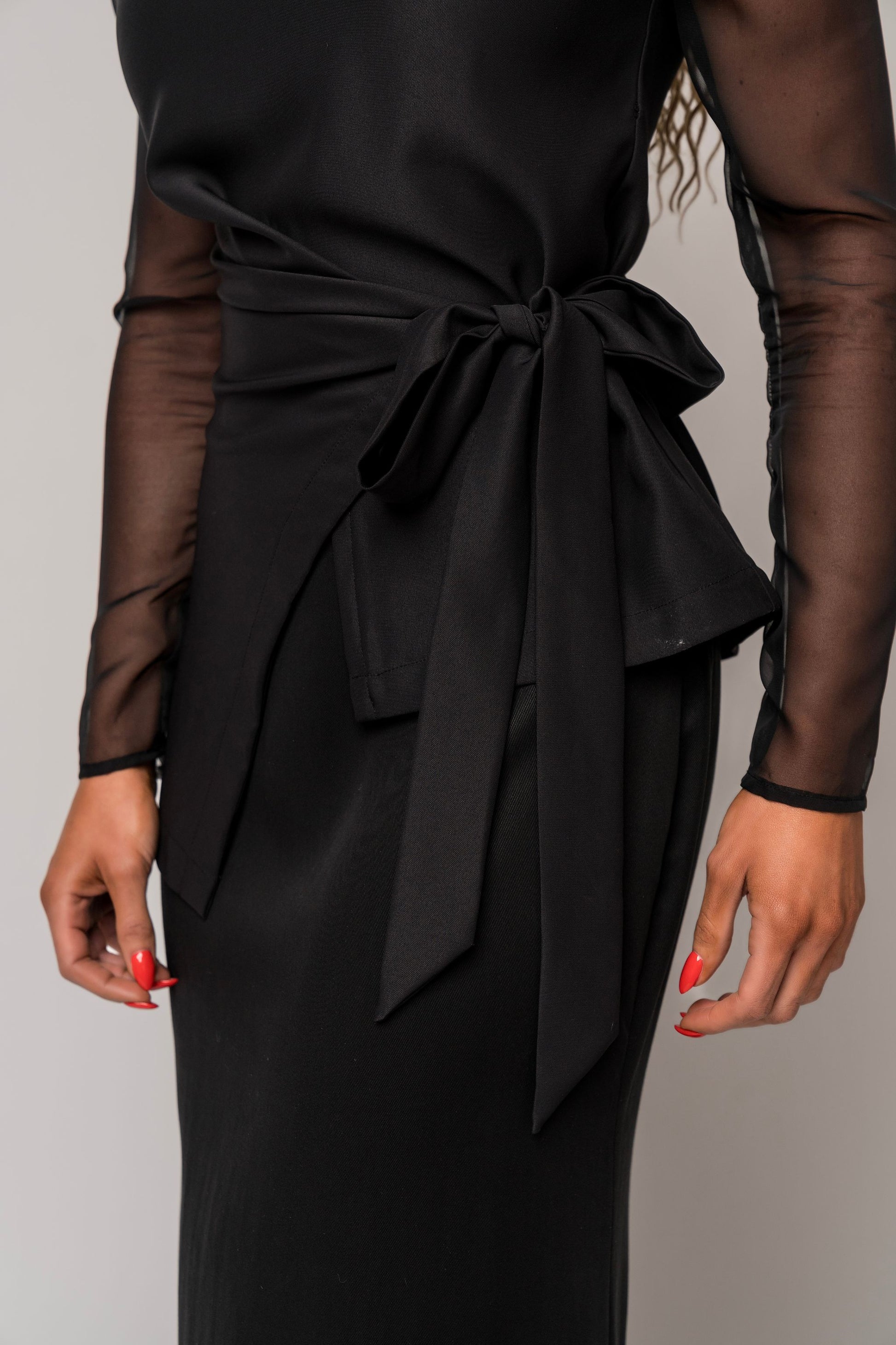 asymmetrical long sleeve black blouse with sheer sleeves