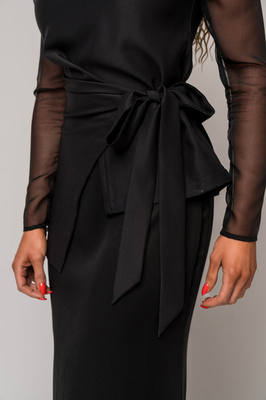 asymmetrical long sleeve black blouse with sheer sleeves