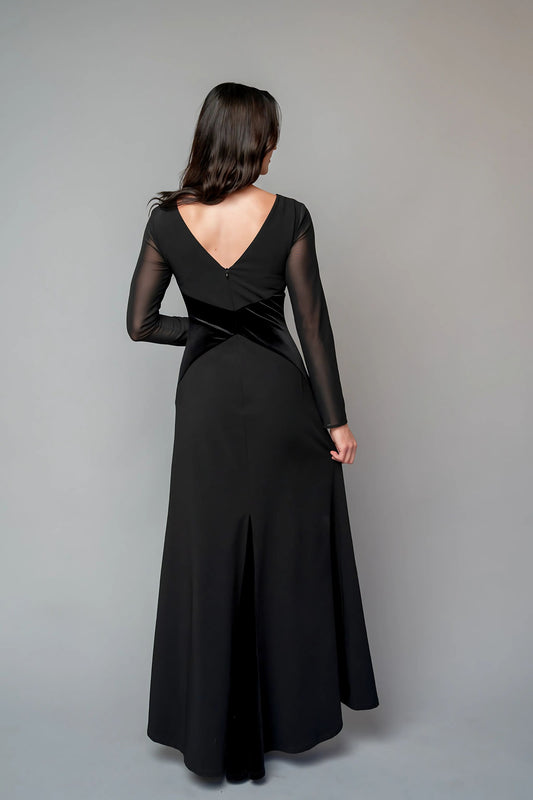 long sleeve black formal dress with v-back and sheer sleeves for choir, concert band, and orchestra musicians