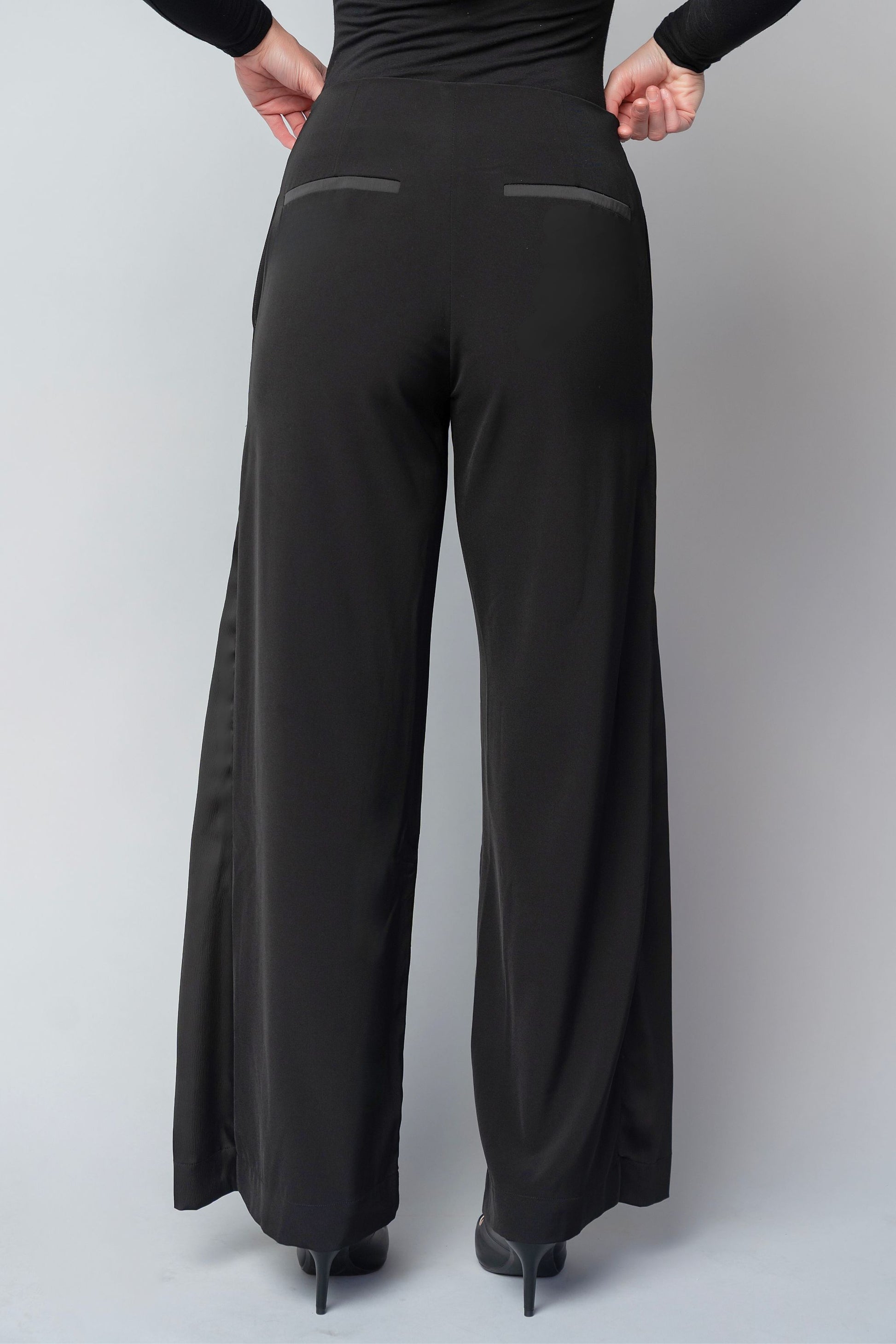 formal black tuxedo style pants for women with a wide leg