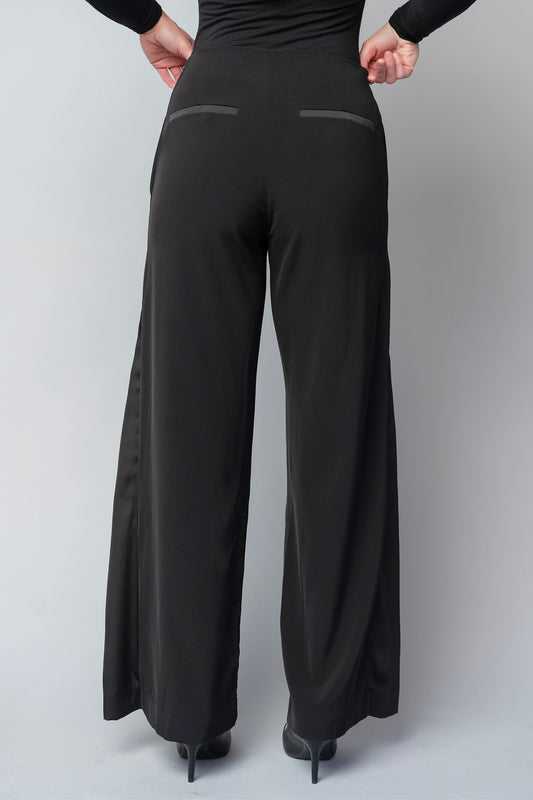 formal black tuxedo style pants for women with a wide leg