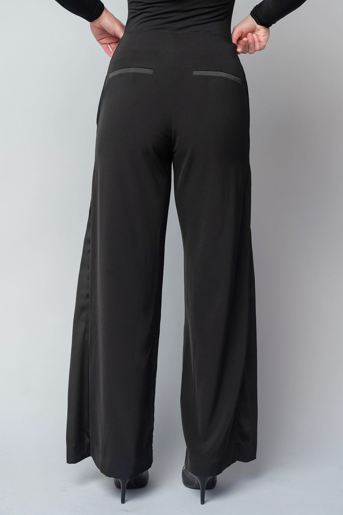 formal black tuxedo style pants for women with a wide leg