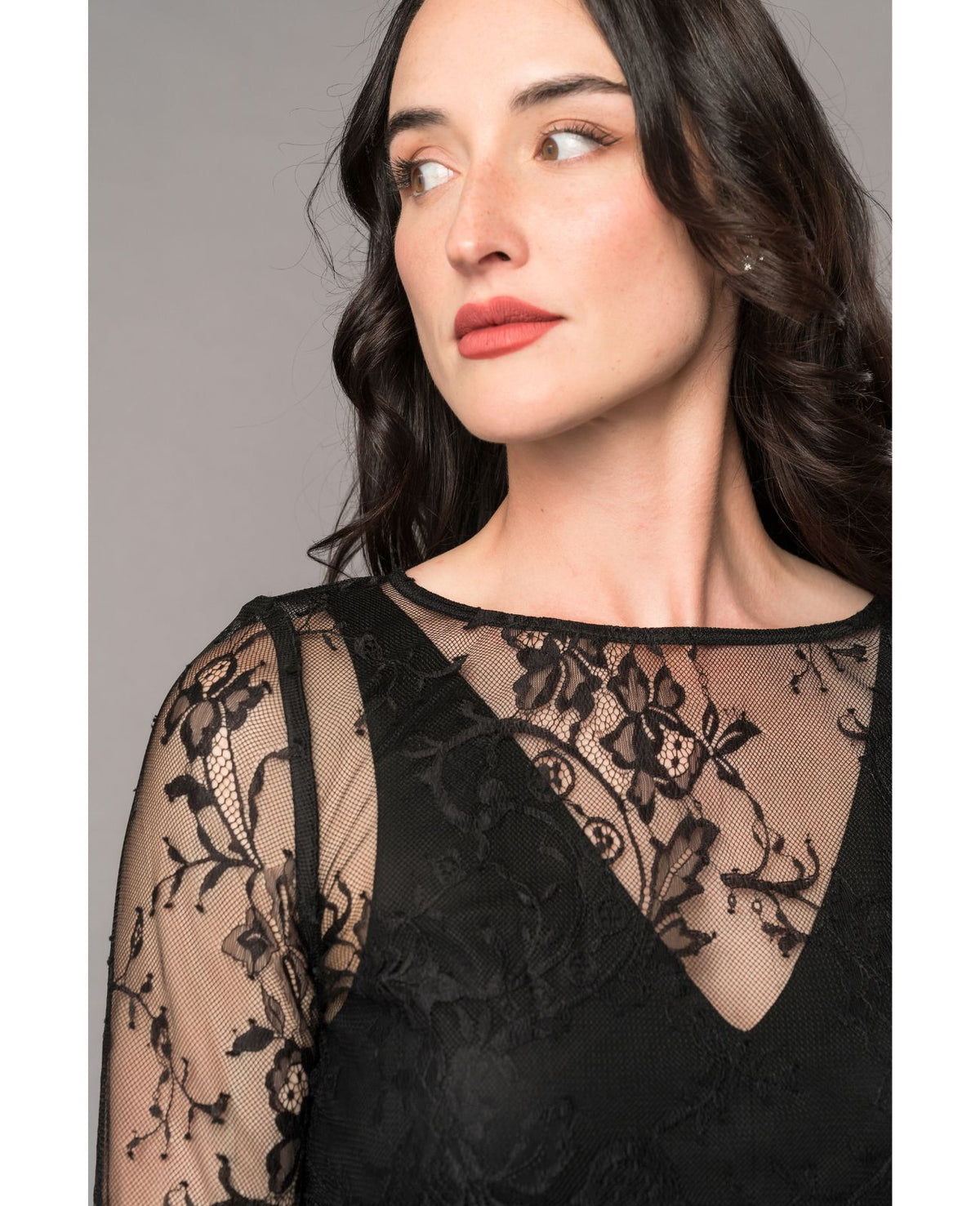 long sleeve black asymmetrical lace top