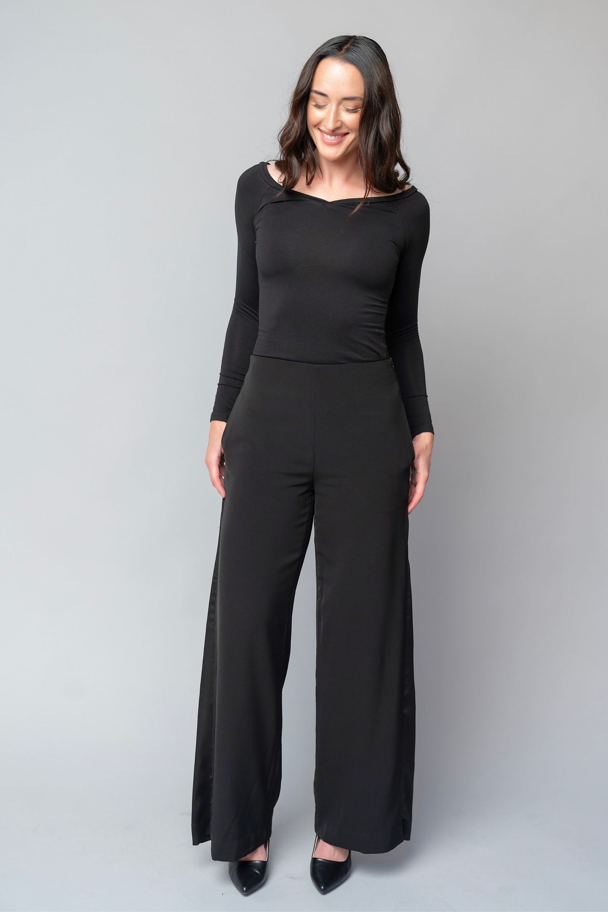 formal black tuxedo style pants for women with a wide leg
