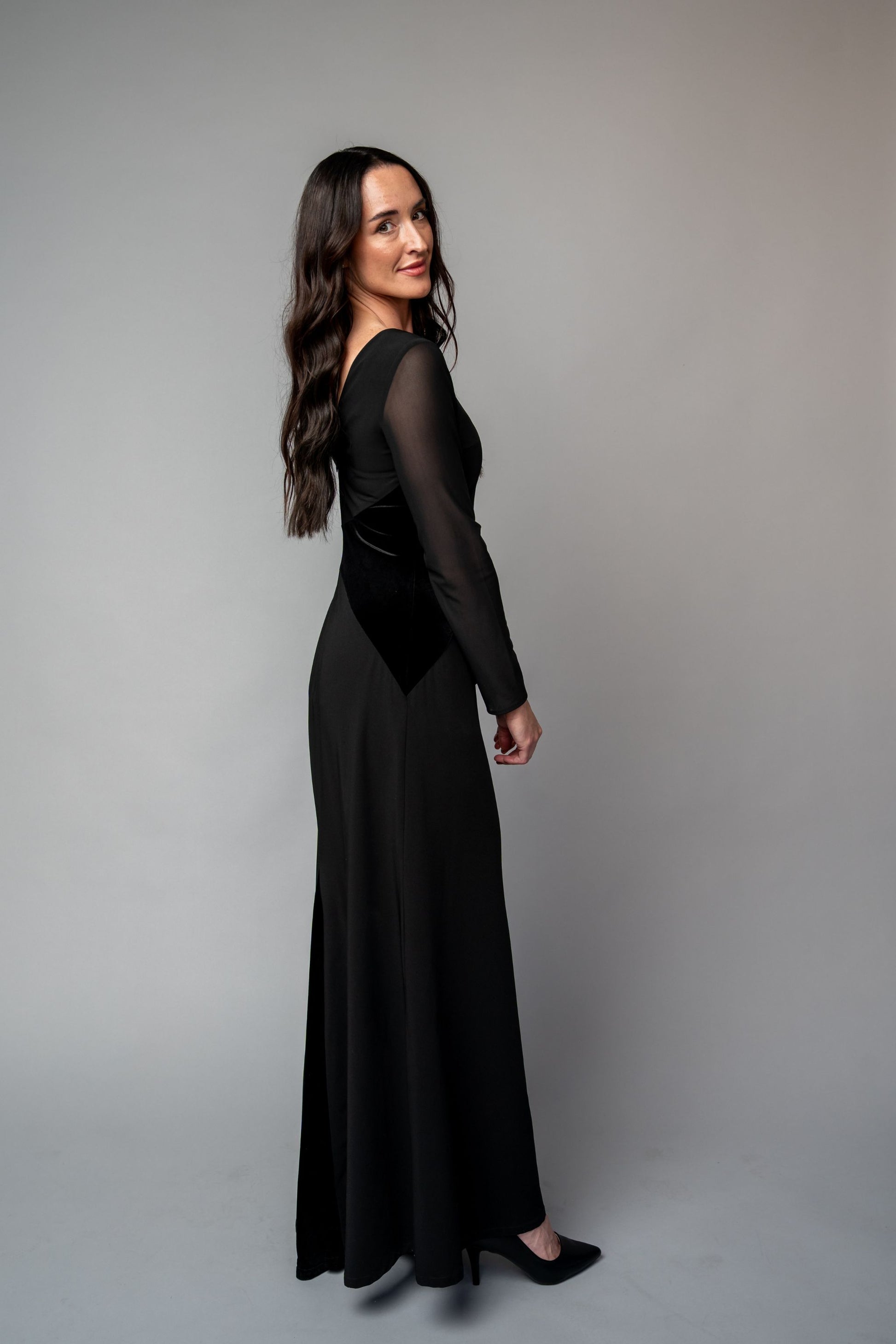 long sleeve black formal dress with sheer sleeves for choir, concert band, and orchestra musicians