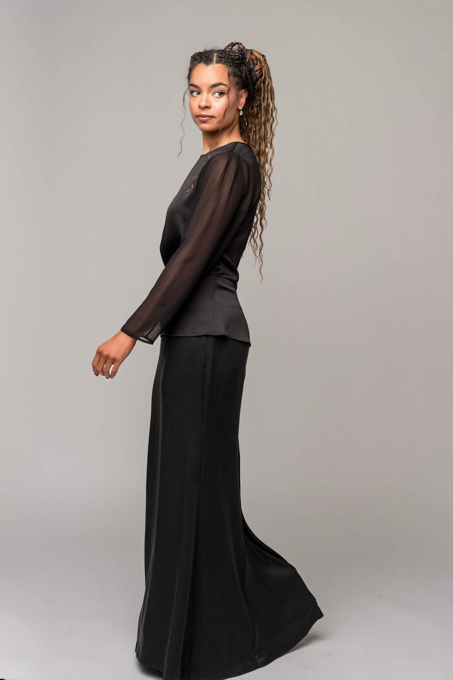long sleeve concert black blouse sheer sleeves dressy