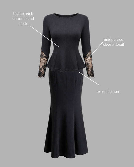 Long-Sleeve Concert Black Blouse and Skirt Set