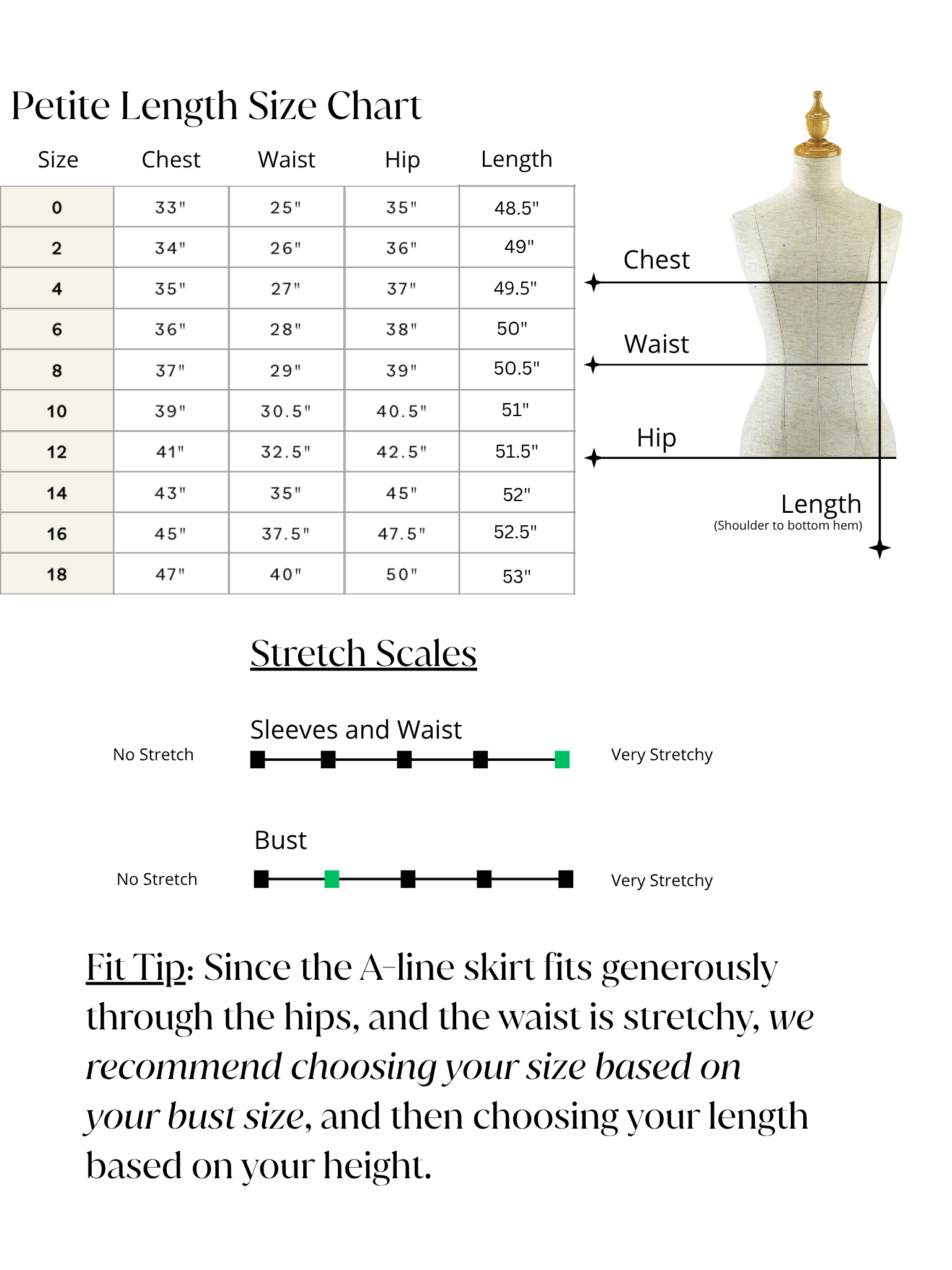 Petite length size chart with measurements and a mannequin illustration on a white background.