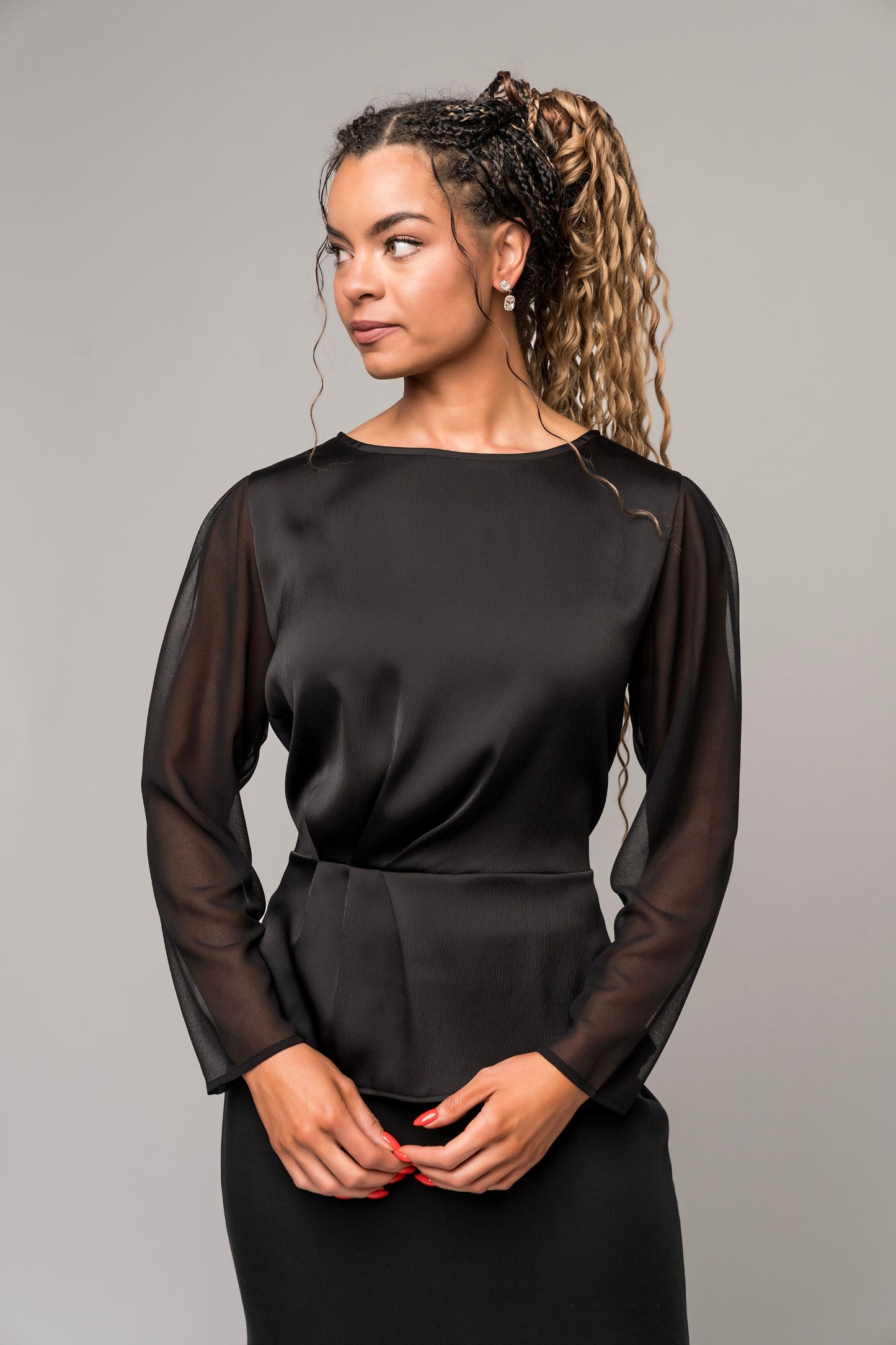 long sleeve concert black blouse sheer sleeves dressy