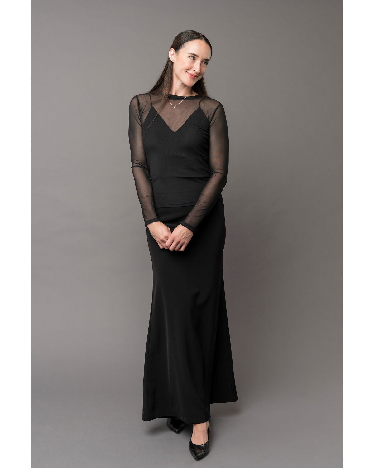 long sleeve black dress with sheer sleeves
