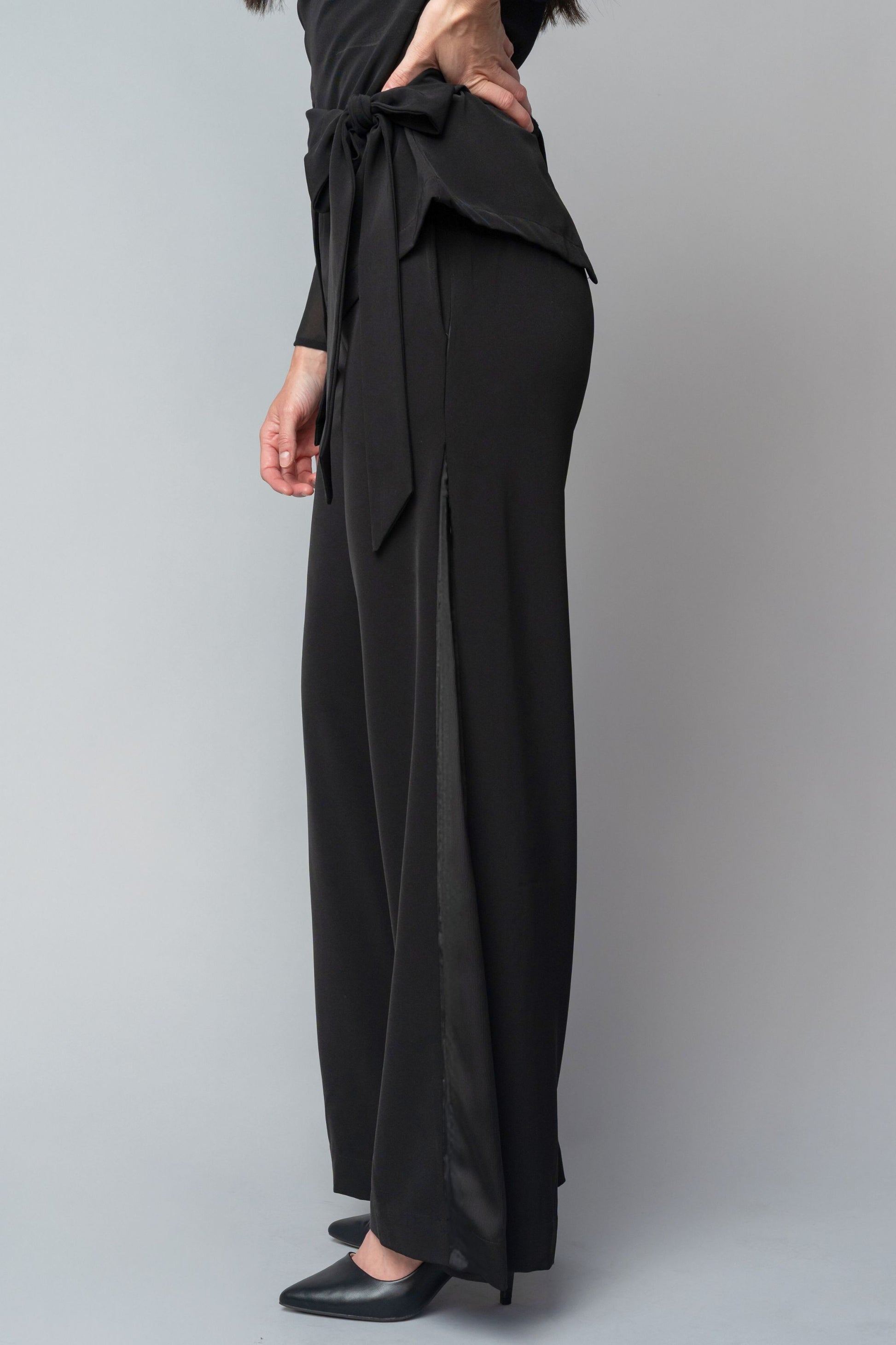 formal black tuxedo style pants for women with a wide leg