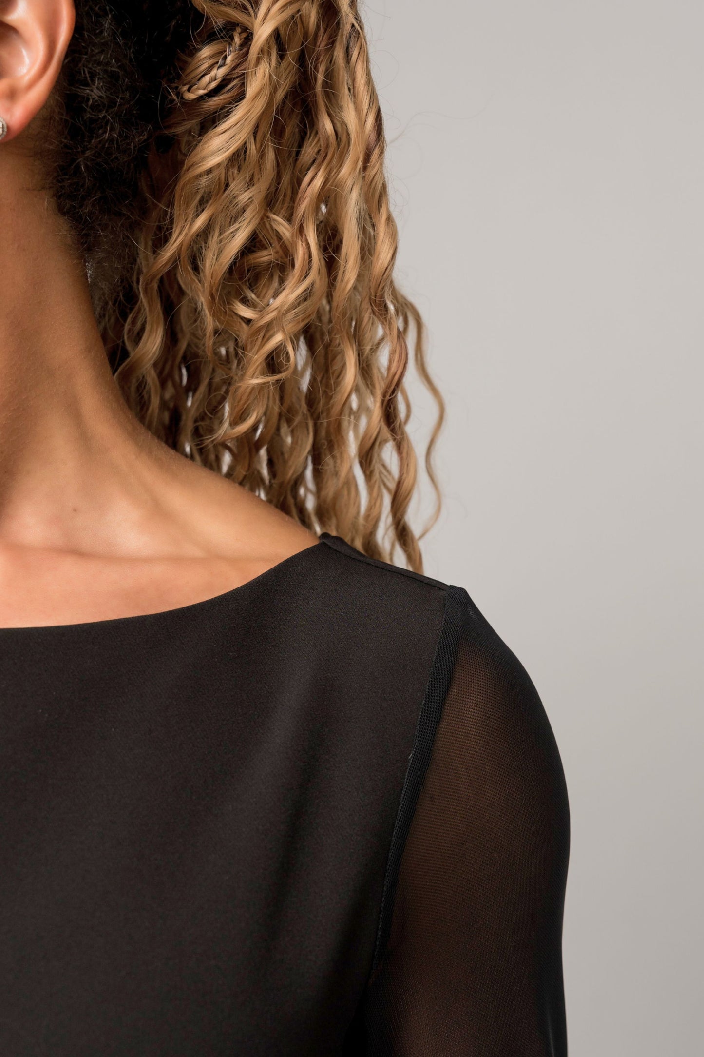 long sleeve black formal dress with sheer sleeves for choir, concert band, and orchestra musicians