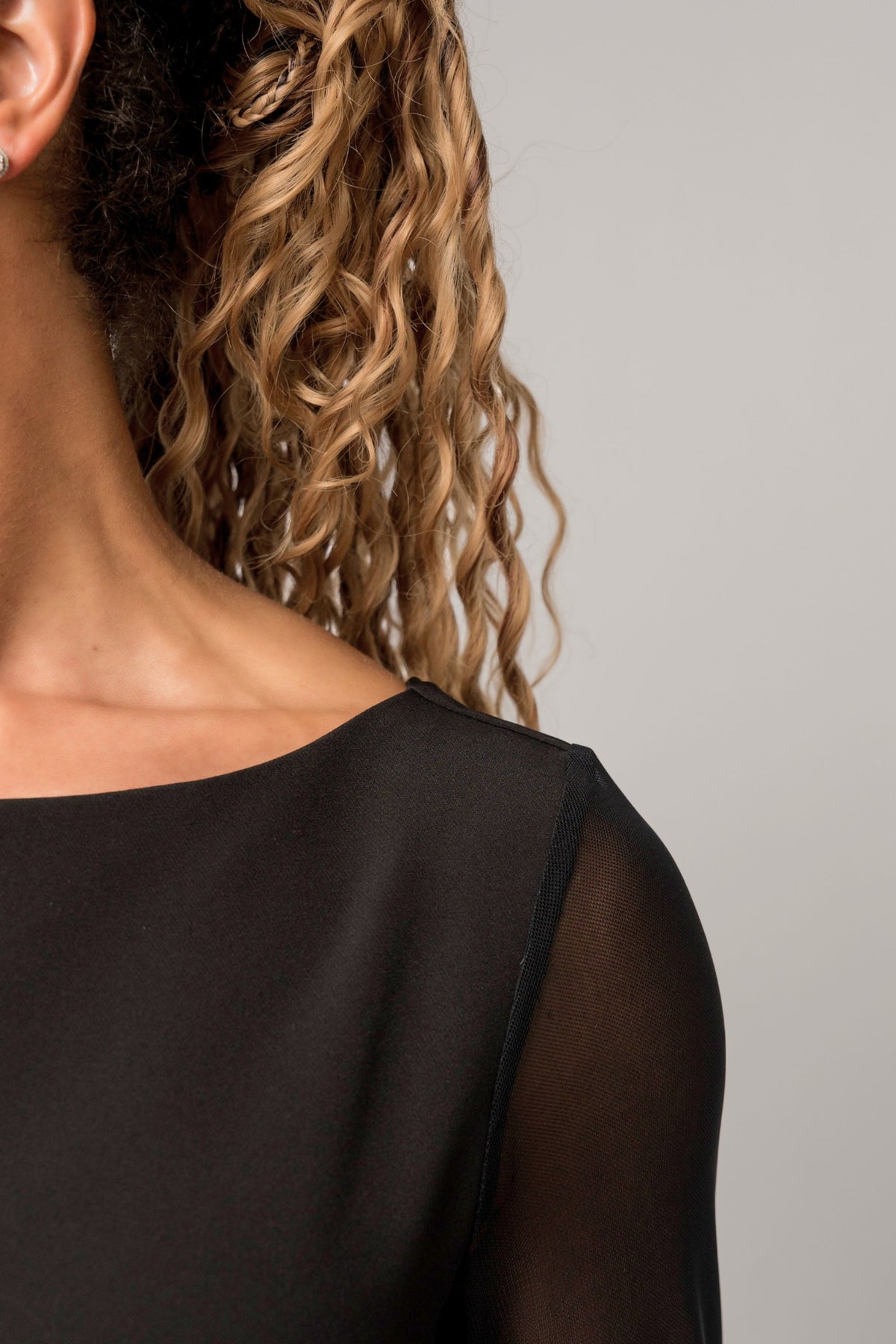 long sleeve black formal dress with sheer sleeves for choir, concert band, and orchestra musicians