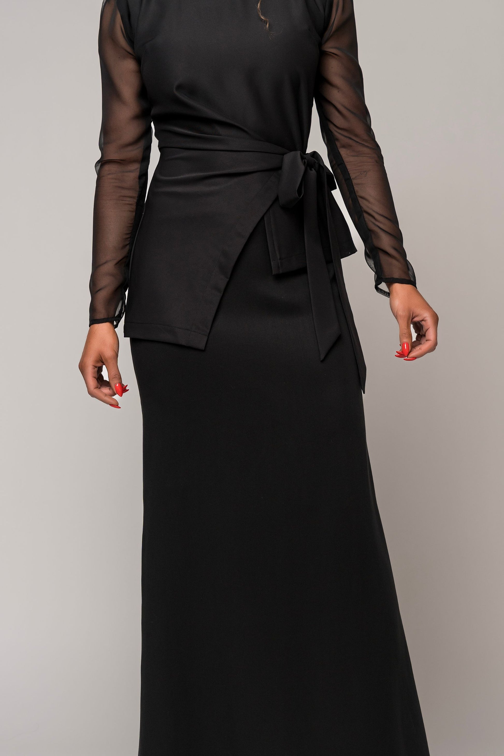 asymmetrical long sleeve black blouse with sheer sleeves