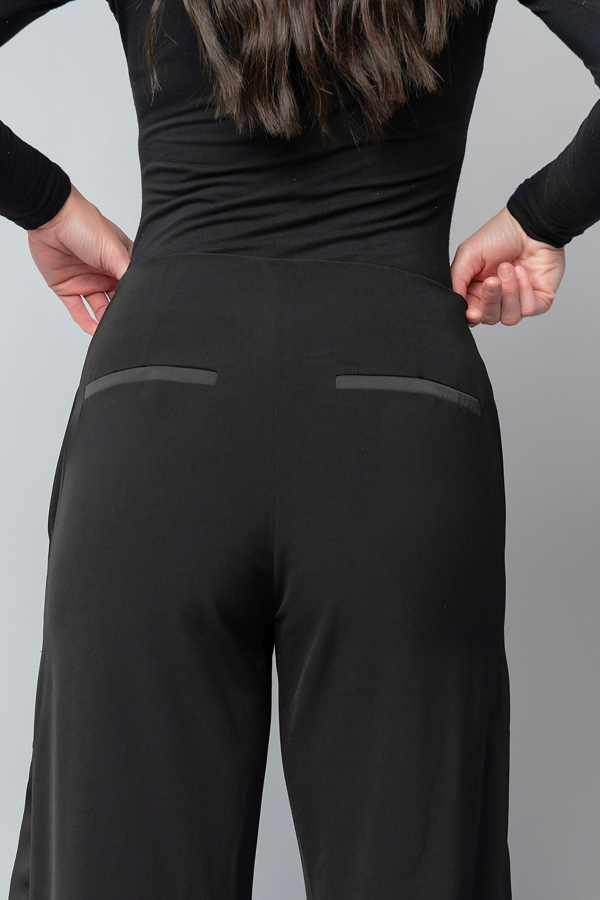 formal black tuxedo style pants for women with a wide leg