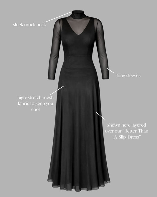Sheer long-sleeved black concert dress for musicians designed as a mesh overlay with a flowing, cello-friendly skirt.