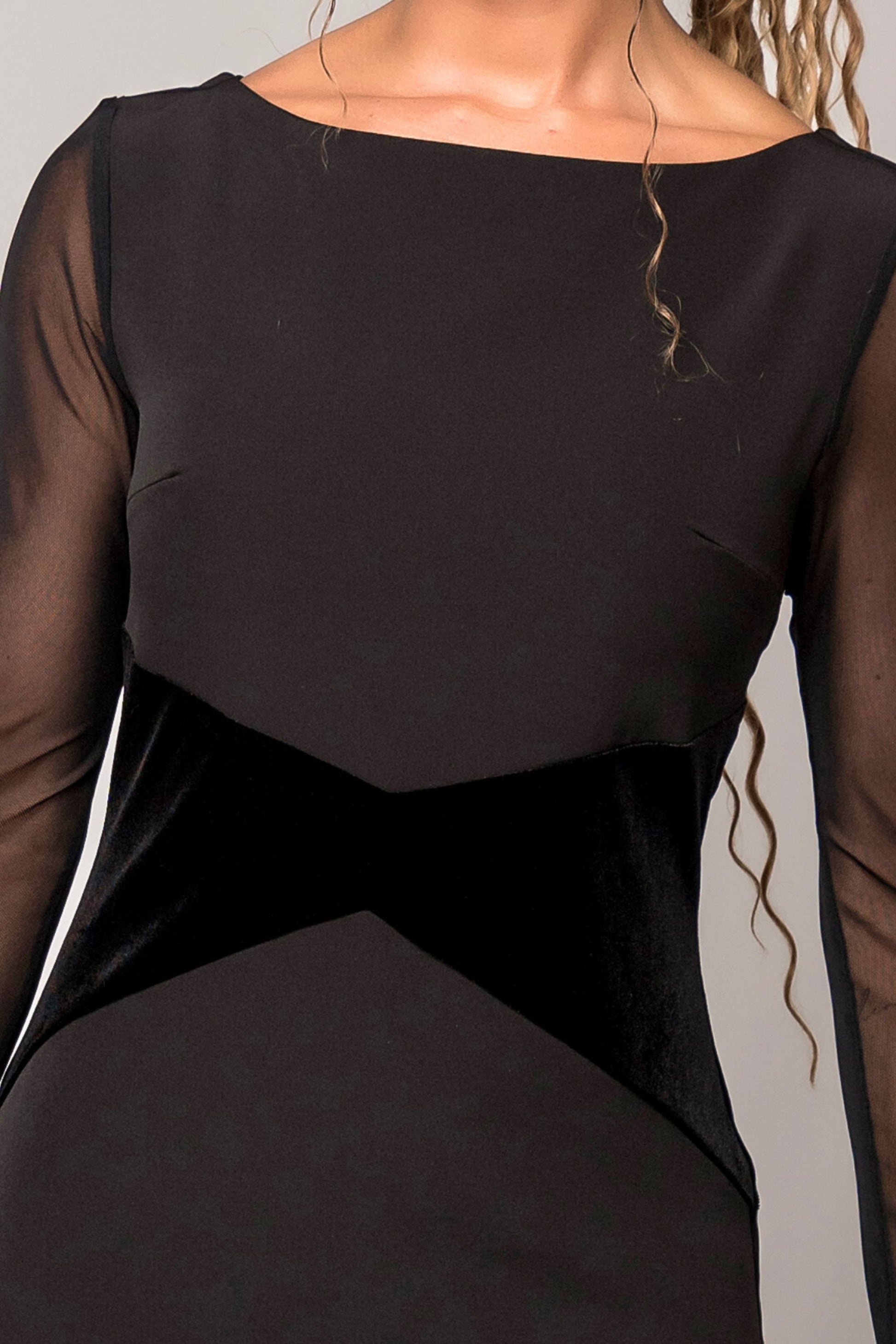 long sleeve black formal dress with sheer sleeves for choir, concert band, and orchestra musicians