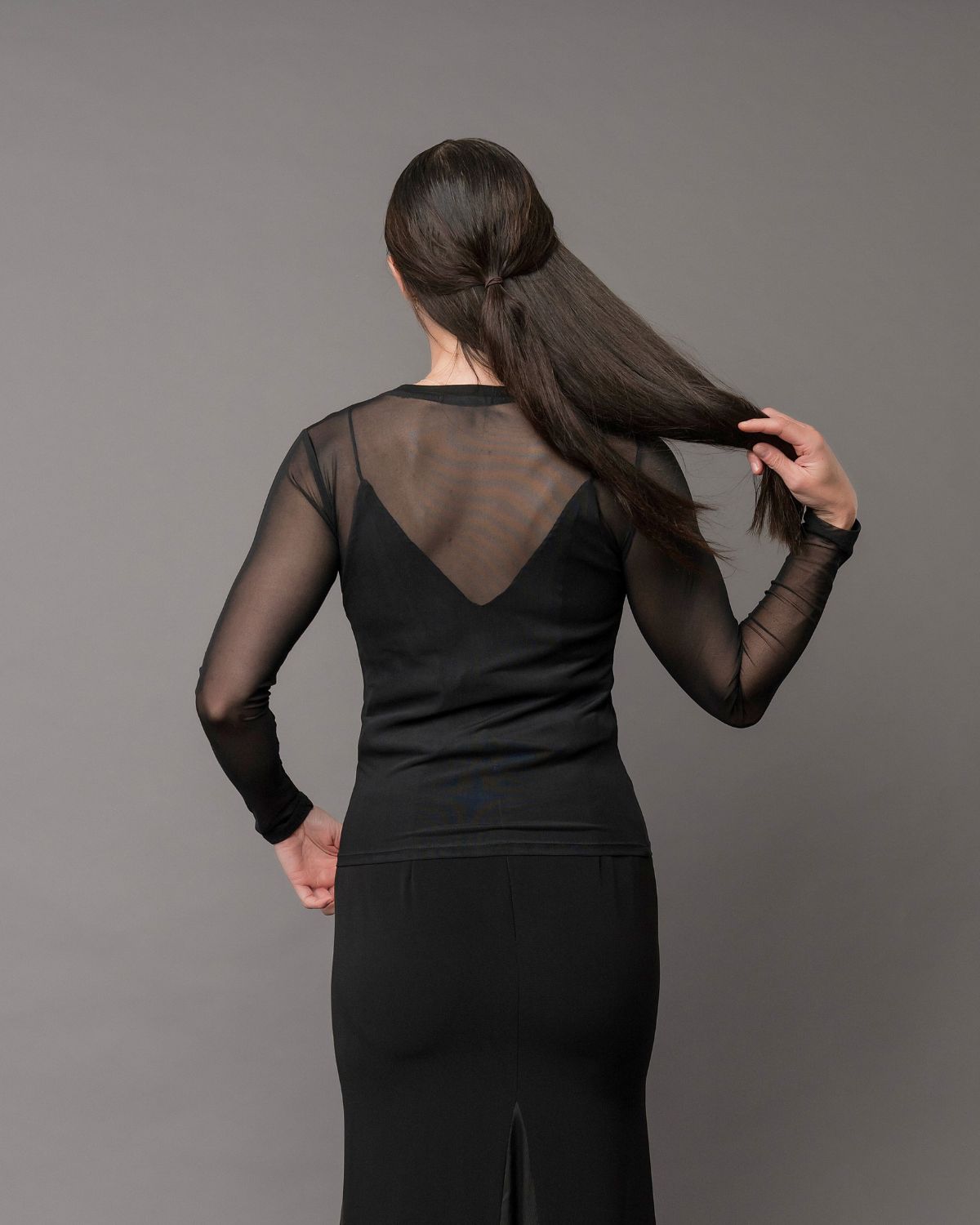 long sleeve crew neck sheer mesh top for layering