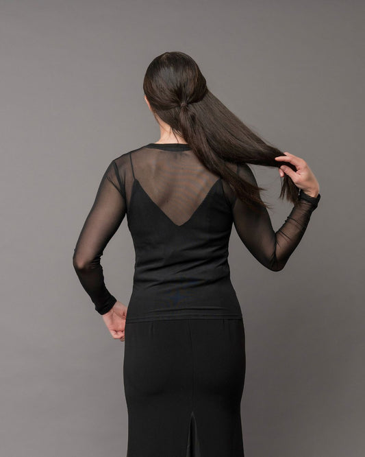 long sleeve crew neck sheer mesh top for layering