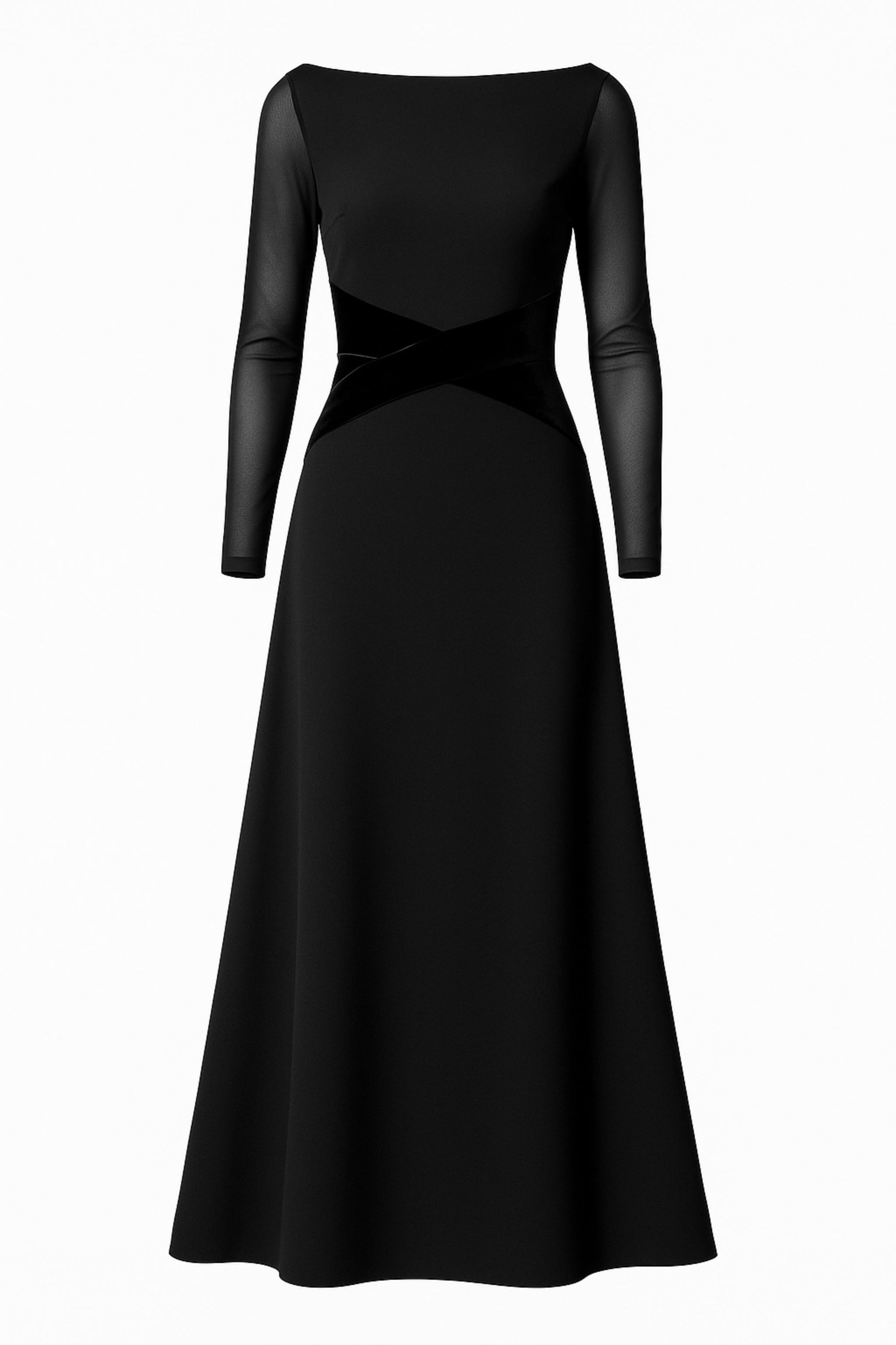 long sleeve black formal dress with sheer sleeves for choir, concert band, and orchestra musicians