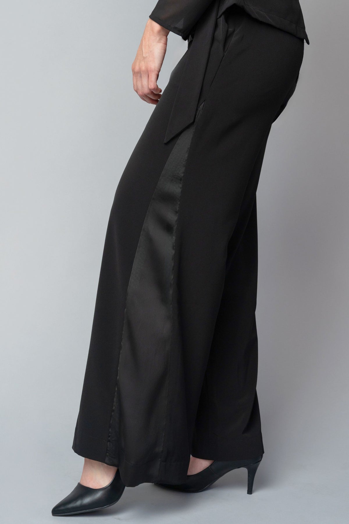 formal black tuxedo style pants for women with a wide leg