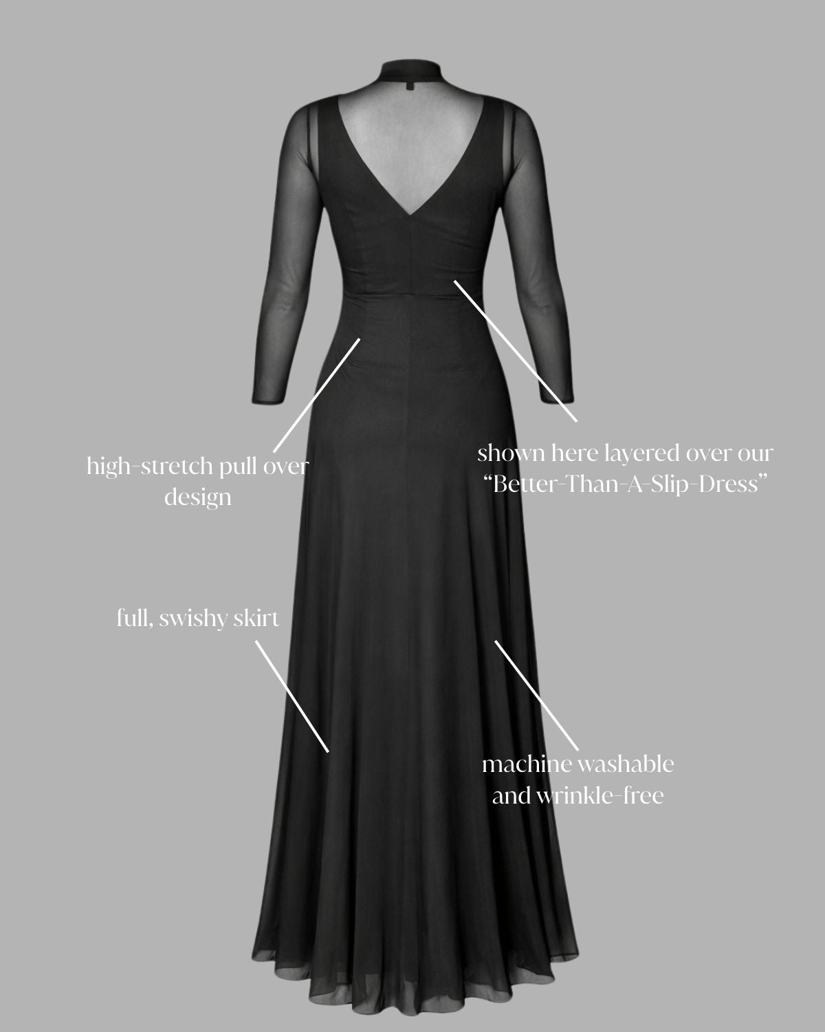 Long-sleeved black concert dress overlay for musicians featuring breathable stretch mesh and full skirt.