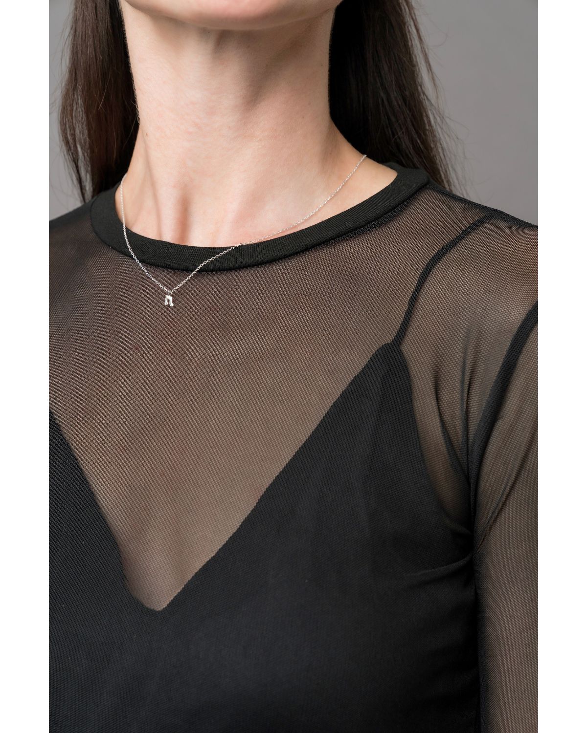 long sleeve crew neck sheer mesh top for layering