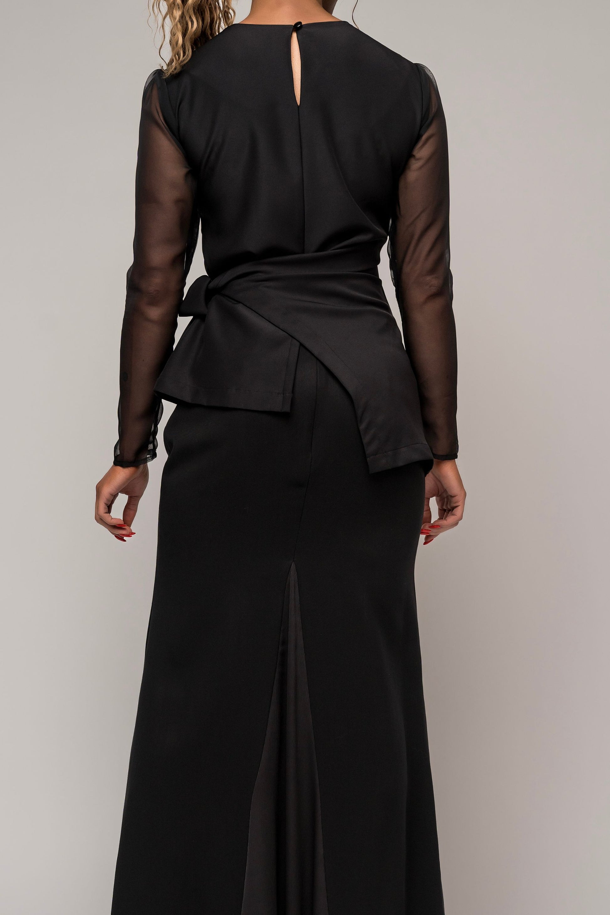 asymmetrical long sleeve black blouse with sheer sleeves