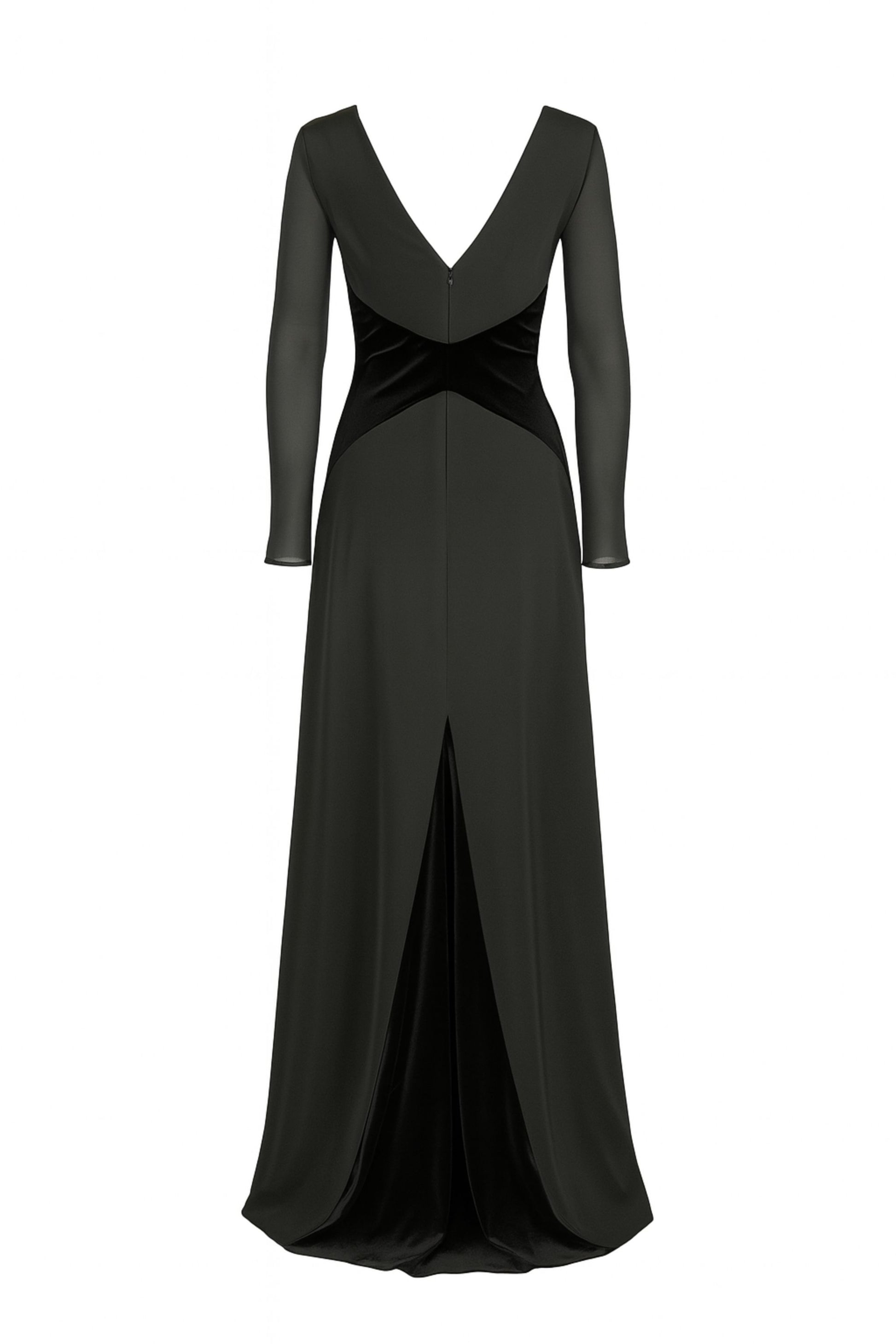 long sleeve black formal dress with sheer sleeves for choir, concert band, and orchestra musicians