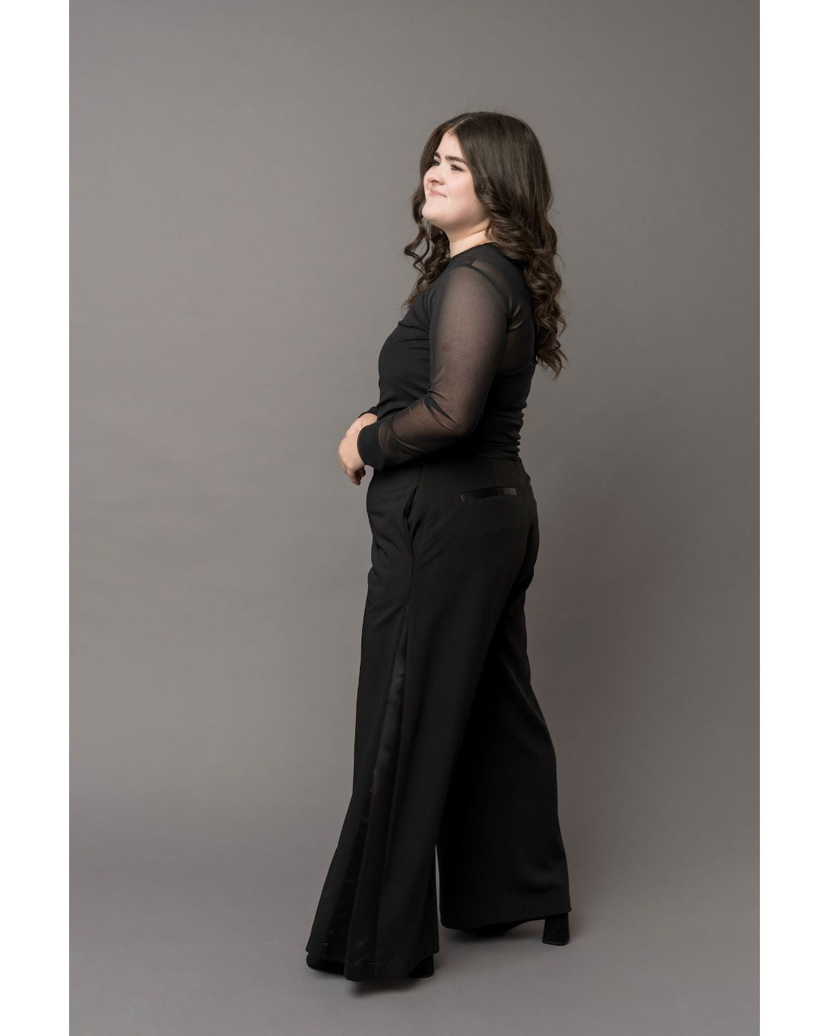 long sleeve crew neck sheer mesh top for layering