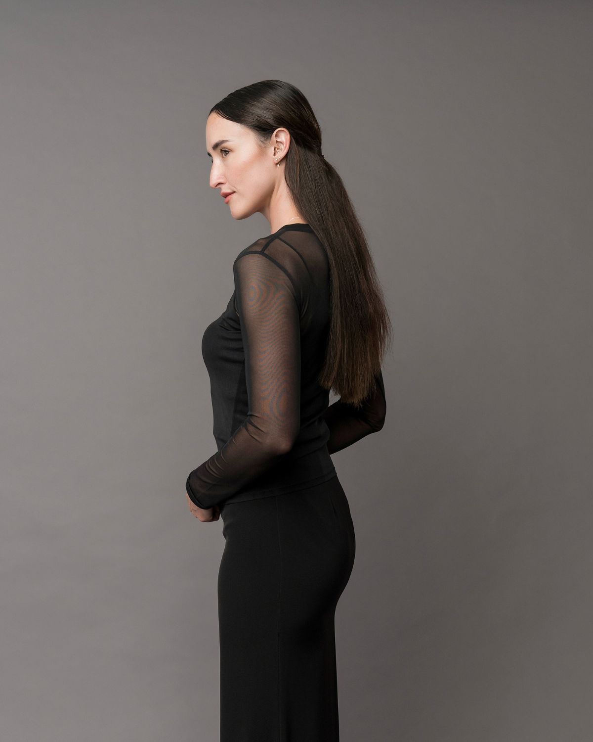 long sleeve crew neck sheer mesh top for layering