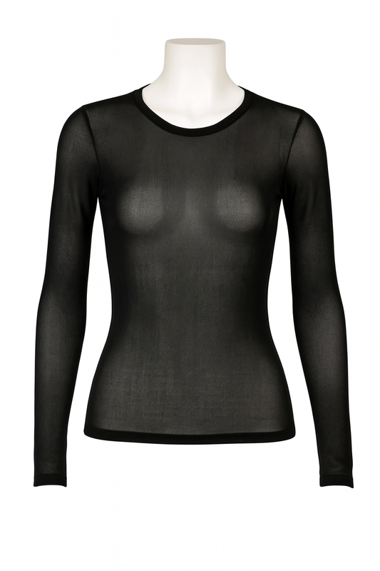 Black long-sleeve shirt on a mannequin against a white background