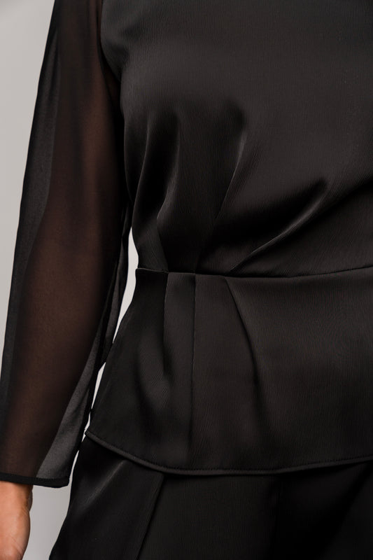 long sleeve concert black blouse sheer sleeves gathered waist