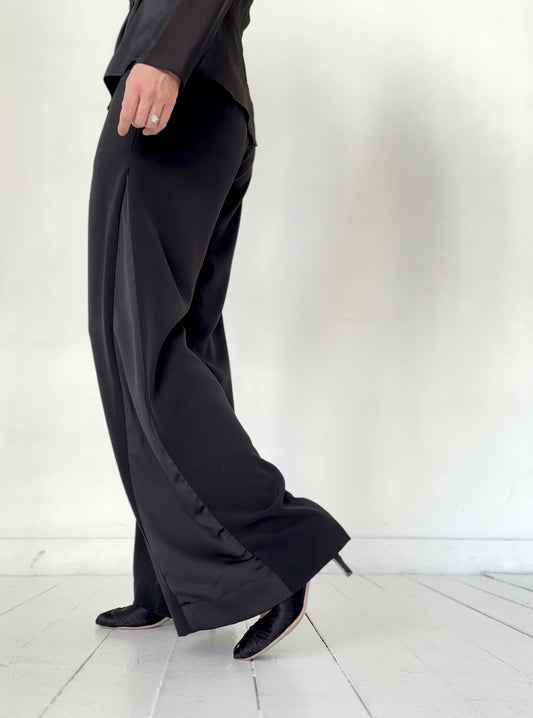 black tuxedo style pants for women with a wide leg