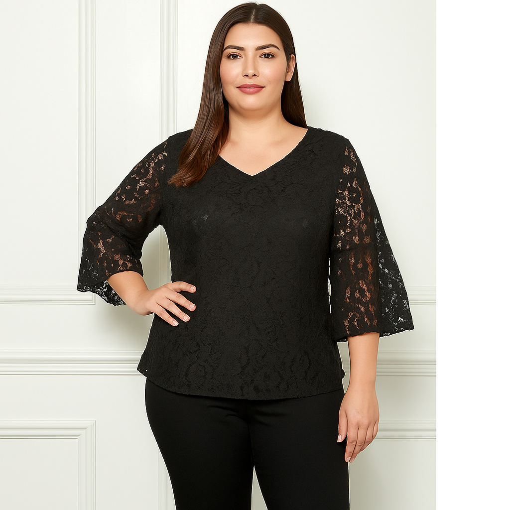 3/4 Sleeve Black Lace Top in Plus Size