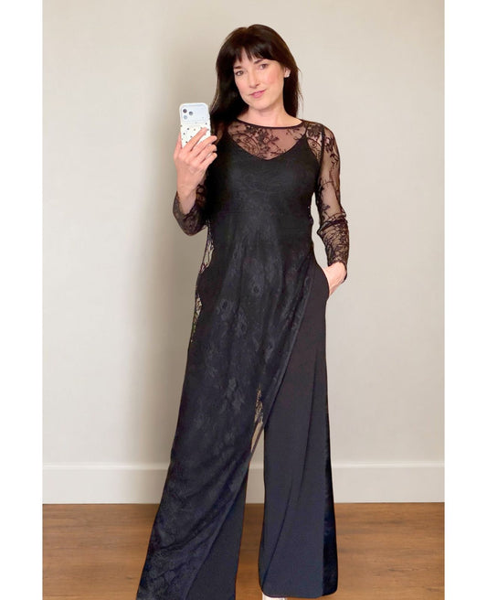 long sleeve black asymmetrical lace top