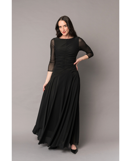formal concert black dress with sheer sleeves