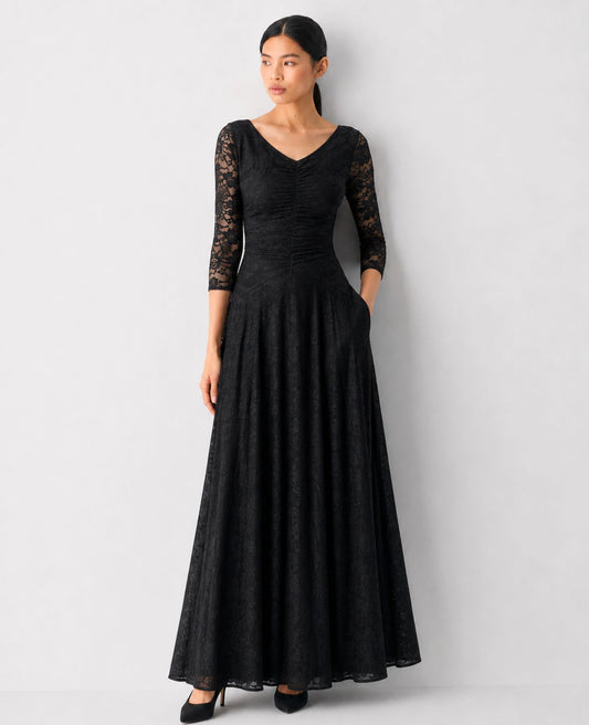 long-sleeve black concert dress with pockets in lace for  musicians in choir, band, and orchestra.