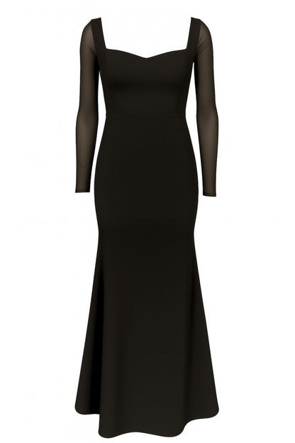long sleeve formal black dress with no slit and sheer sleeves