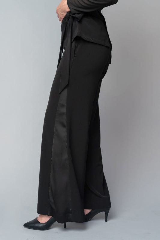 formal black tuxedo style pants for women with a wide leg