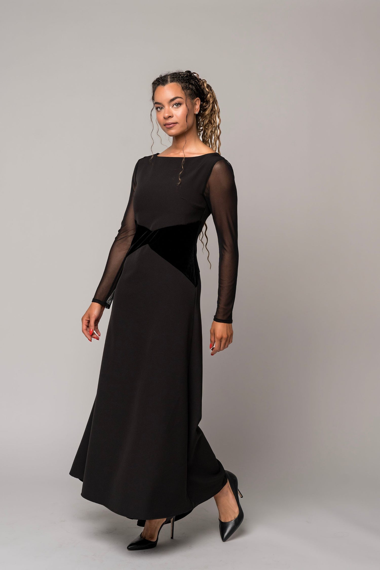 long sleeve black formal dress with sheer sleeves for choir, concert band, and orchestra musicians