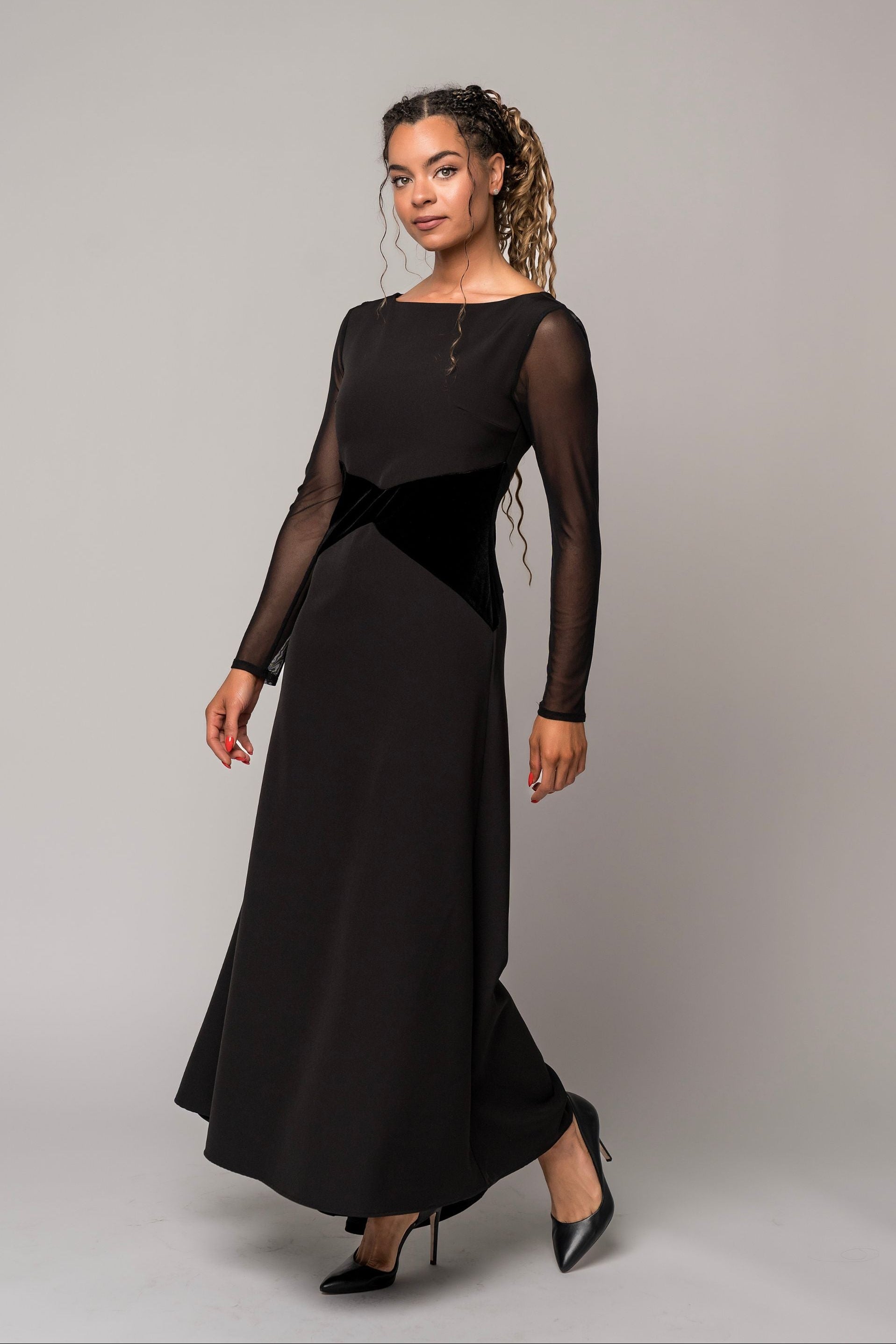 long sleeve black formal dress with sheer sleeves for choir, concert band, and orchestra musicians