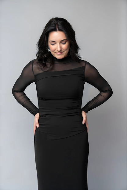 Asymmetrical black long sleeve blouse with sheer sleeves for choir, concert band and orchestra musicians.