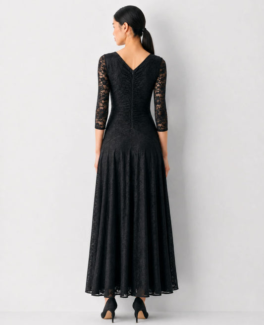 long-sleeve black concert dress with pockets in lace for musicians in choir, band, and orchestra.