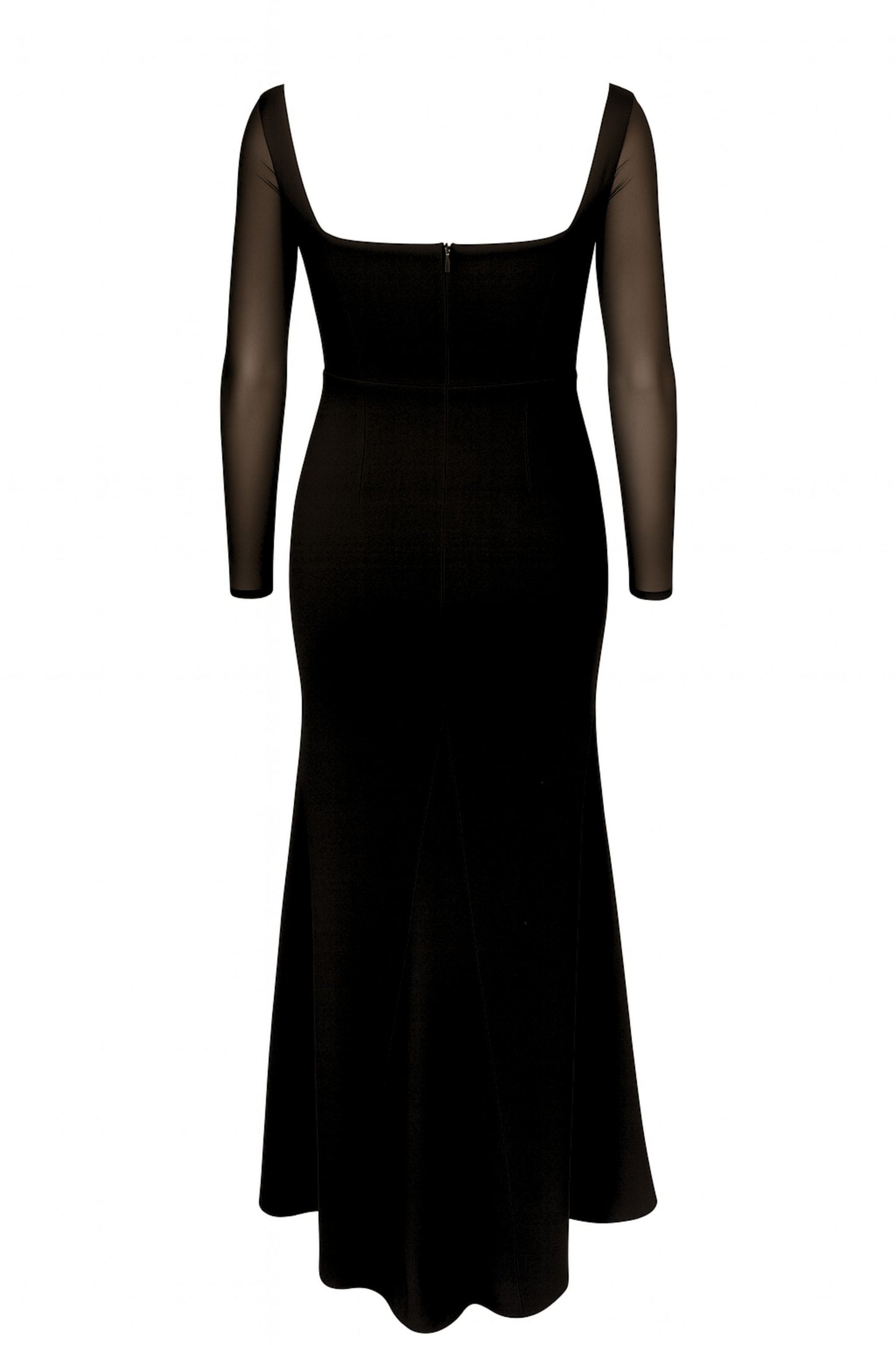 long sleeve formal black dress with no slit and sheer sleeves