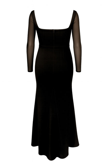 long sleeve formal black dress with no slit and sheer sleeves