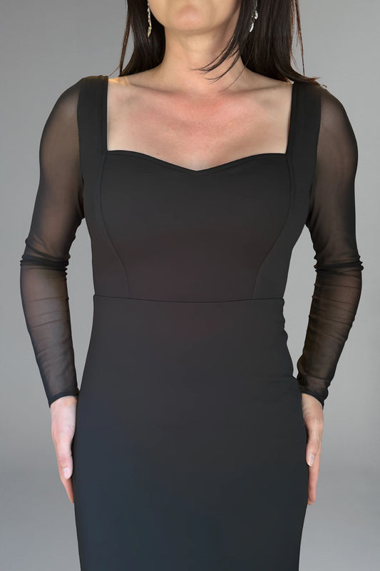 Formal black dress with sheer sleeves and sweetheart neckline